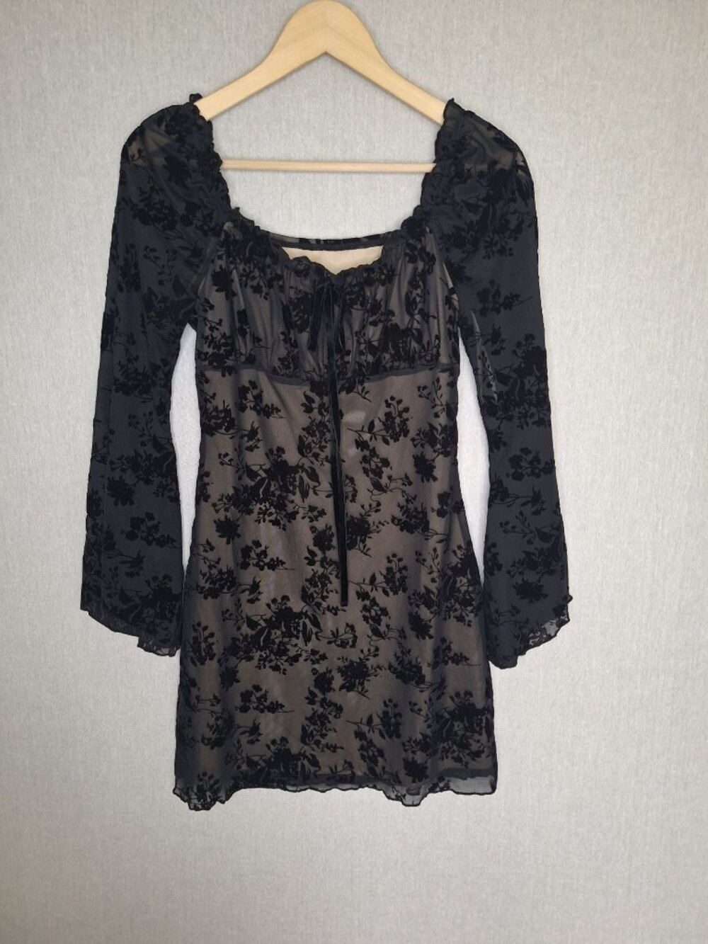 💙 Floral Mesh Peasant Black Flocked Dress Size S/M Romantic Goth Whimsigoth Y2K